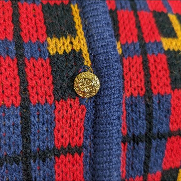 Vintage Crystal Kobe Cardigan Medium Red Blue Boxy Nordic Gold Buttons Pockets - Picture 7 of 14